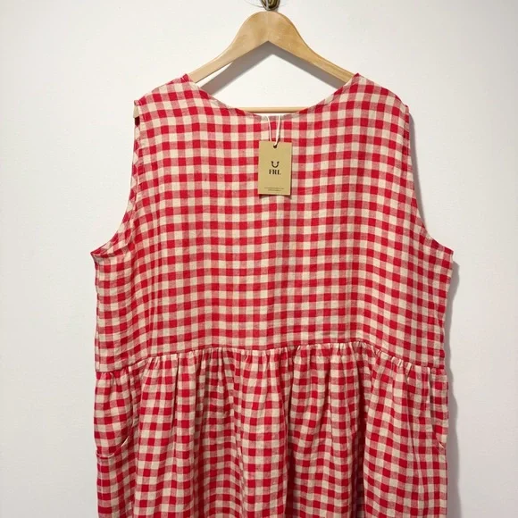 Faith Rowan Leeves Luna Sleeveless Dress Red Gingham Linen Size XXL Pockets NWT - Picture 2 of 16